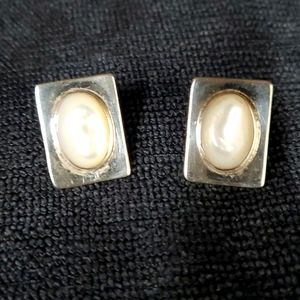 Taxco Mexico TT-39 .925 Square Sterling Silver Oval Moonstone Pierced Earrings